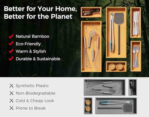 Bamboo Kitchen Drawer Organizer Boxes 12" x 3" Stackable Wooden Organizers (2 Count)