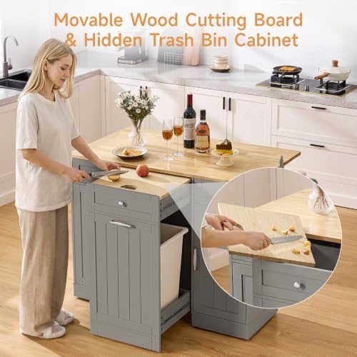 Kitchen Islands with Movable Wood Cutting Board & Trash Can