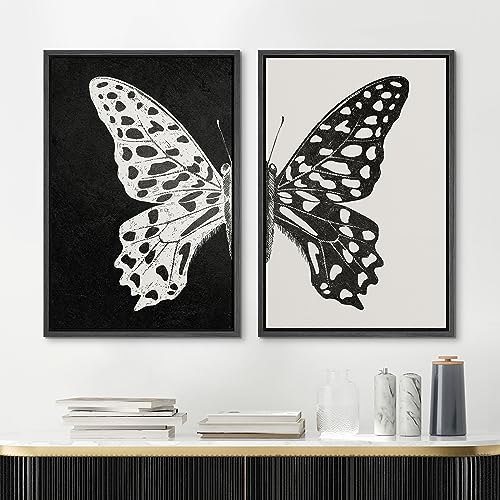 Framed Canvas Wall Art Black and White Butterfly Prints Minimalist Modern Art Boho Wall Decor for Bedroom (2 Count)