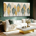 Green and Gold Wall Art Leaves Wall Decor Modern Canvas Painting 32"x70" Pictures for Dining Room Area Large Artwork for Living Room