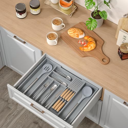 Expandable Bamboo Silverware Drawer Organizer Kitchen Tray
