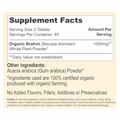 100% Organic Brahmi Tablets with Bacopa monnieri Extract (90 Count)