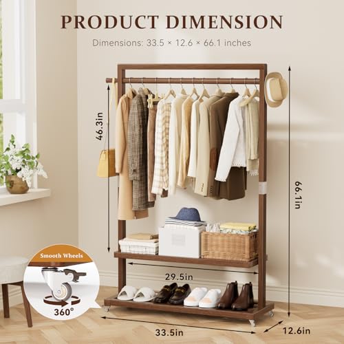 Wood Clothing Rack Solid Wood Clothes rack with Wheels 2 Shelves