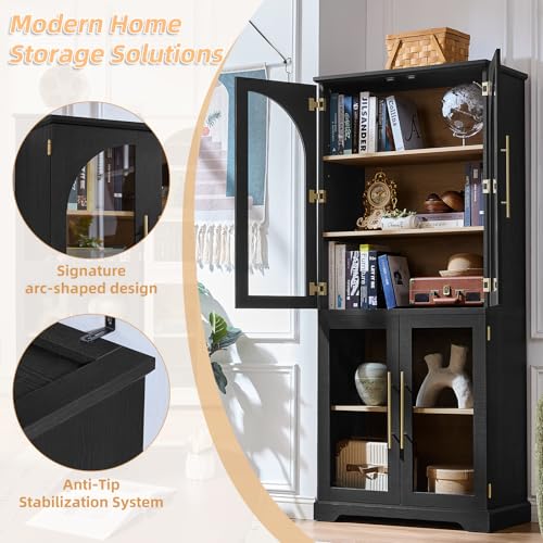 72" Tall Bookshelf with 4 Curved Glass Doors