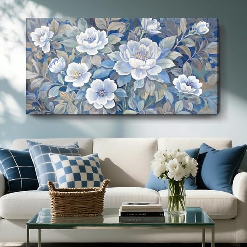 Extra Large Blue White And Gray Plant Canvas Wall Art; Modern Abstract Flower Print Picture For Living Rooms