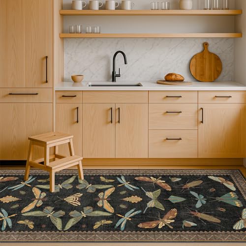 Vintage Insect 2x8 Black Entryway Runner Rug (16 Sq Ft)