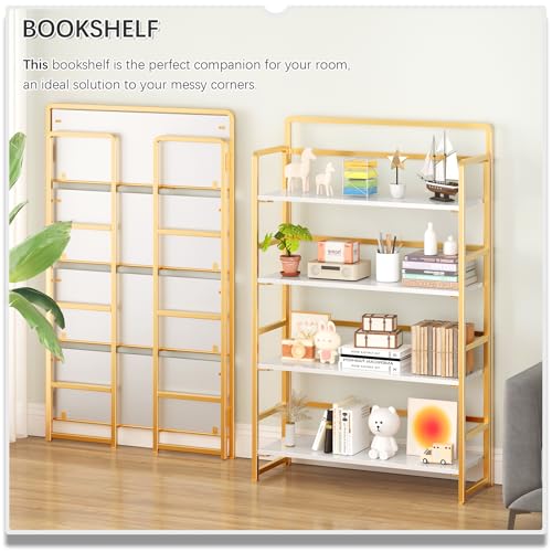 No Assembly Extra Wide 4 Tiers Folding Bookshelf Storage Shelves Vintage Bookcase Standing Racks Study Organizer Home Office