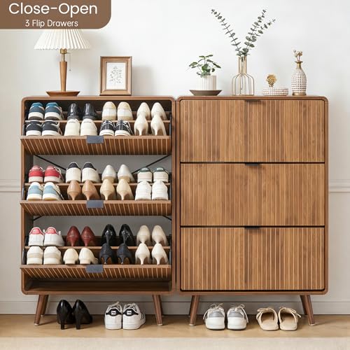 Fluted Shoe Storage Cabinet with 3 Flip Drawers