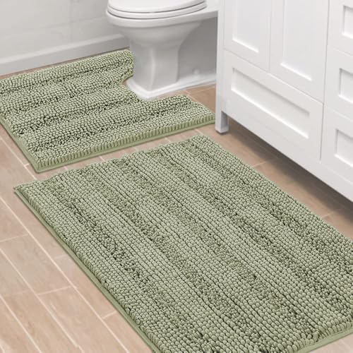 Bathroom Rug Sets 2 Piece Bath Mats Non Slip Thick Soft Chenille Striped Bath Rug achine Washable Shower Floor Rugs for Tub (9.36 Sq Ft)