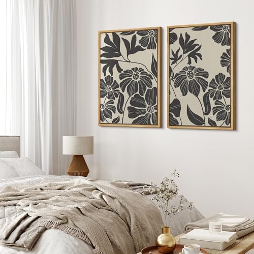 Framed Canvas Print Wall Art Monochrome Floral Botanical Black and White Illustrations Modern Art Decorative Bohemian Colorful Chic for Living Room
