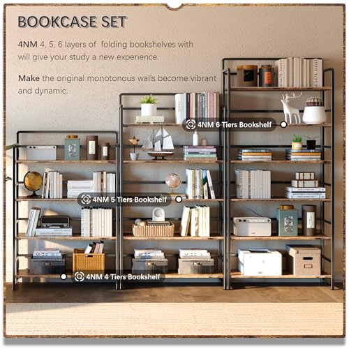 No Assembly Extra Wide 6 Tiers Folding Bookshelf Storage Shelves Vintage Bookcase Standing Racks Study Organizer Home Office