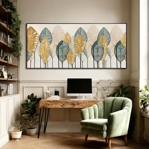 Green and Gold Wall Art Leaves Wall Decor Modern Canvas Painting 32"x70" Pictures for Dining Room Area Large Artwork for Living Room
