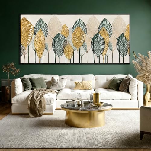 Green and Gold Wall Art Leaves Wall Decor Modern Canvas Painting 32"x70" Pictures for Dining Room Area Large Artwork for Living Room