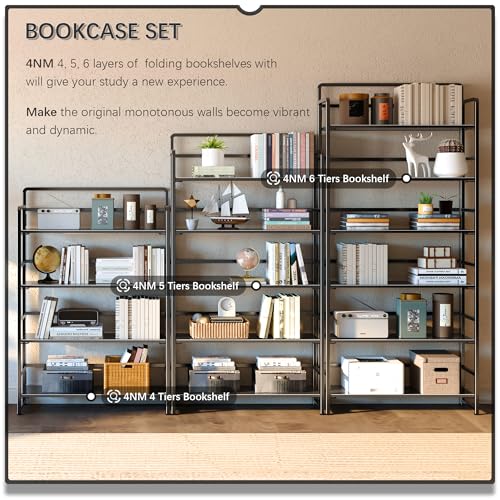 No Assembly Extra Wide 4 Tiers Folding Bookshelf Storage Shelves Vintage Bookcase Standing Racks Study Organizer Home Office