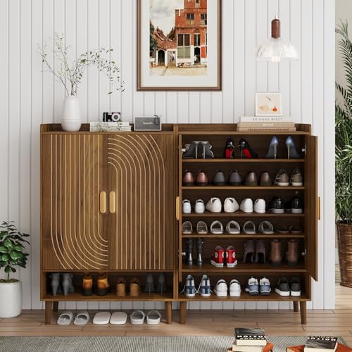 Walnut Shoe Cabinet with Line Groove Design