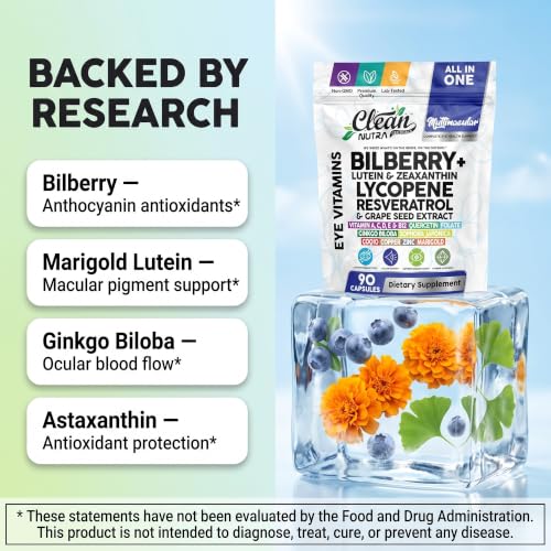Clean Nutra Multimacular Bilberry+ Lutein Zeaxanthin Lycopene Resveratrol with Flax Seed Grape Japanese Knotweed Ginkgo Biloba Sophora Japonica Coenzyme Copper Zinc Marigold Black Pepper 90 Capsules (90 Count)