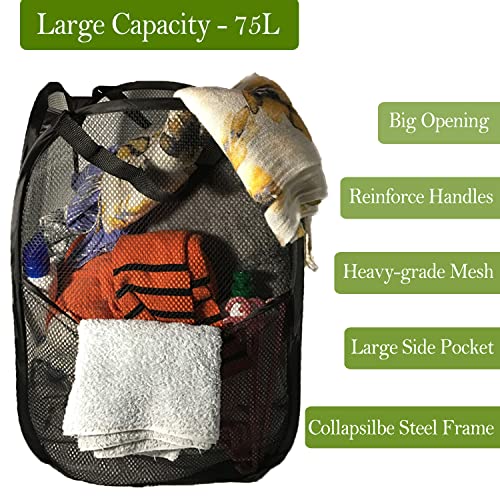 Deluxe Strong Mesh Pop up Laundry Hamper Basket with Side Pocket Foldable Hamper for Laundry Room