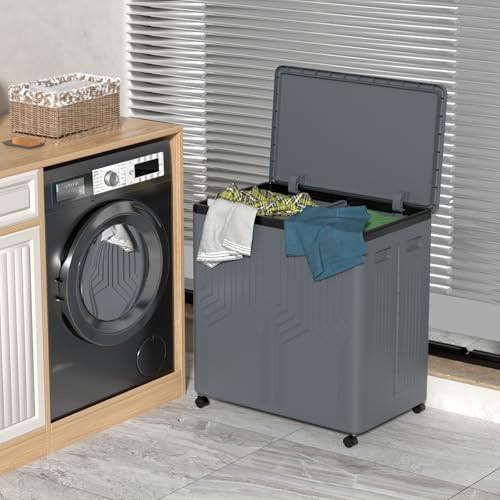 130 L Foldable Plastic Double Laundry Hamper with Wheels