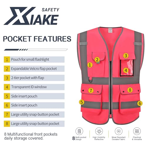 8 Pockets High Visibility Class 2 Reflective Safety Vest for Men & Women Meets ANSI Standards