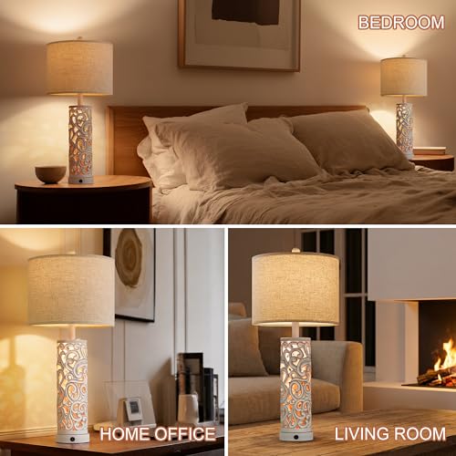 2-in-1 Light Table Lamp Set of 2 for Living Room, 28.5" Farmhouse Bedside Lamps with USB Charging Port, Main&Night Light & Dual Switches, Nightstand Lamp for Bedroom Home Office(Bulb Included)