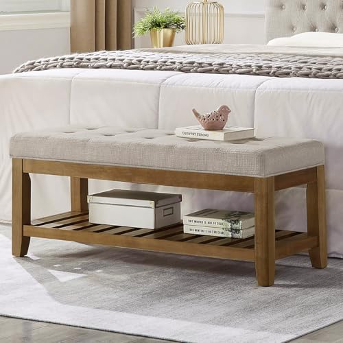 Large Rectangular Upholstered Tufted Linen Fabric Ottoman Bench