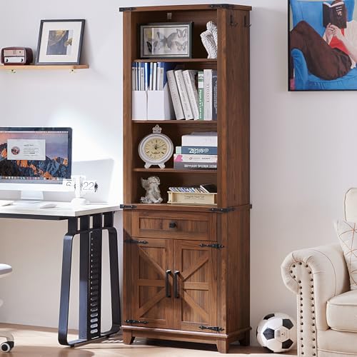72in Tall Bookshelf 7 Tier Bookcase with Drawer and Barn Doors and Adjustable Shelves