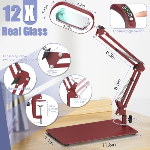 12X Square Magnifying Glass with Light and Stand