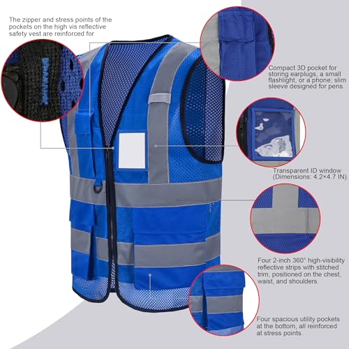 XS Blue High Visibility construction Safety Vest with Reflective Strips