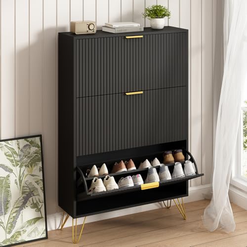 48" H Fluted Shoe Storage Cabinet with 3 Flip Drawers for Entryway