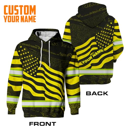 Hi Vis Yellow Neon Independence USA Flag Hoodie With Name