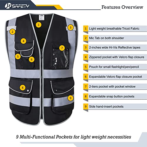 Safety Vest for Men Women Reflective Hi Vis JK150 Black L