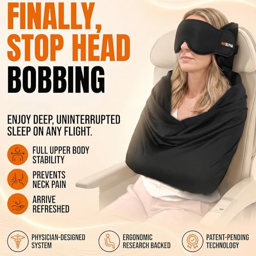 2 Pack 3-in-1 Airplane Sleep Support System - Plane Sleeping Accessories with Memory Foam Long Haul Flight Pillow, Adjustable Travel Eye Mask, and Blanket-Like Body Sling - Fits in Carry On (2 Count)