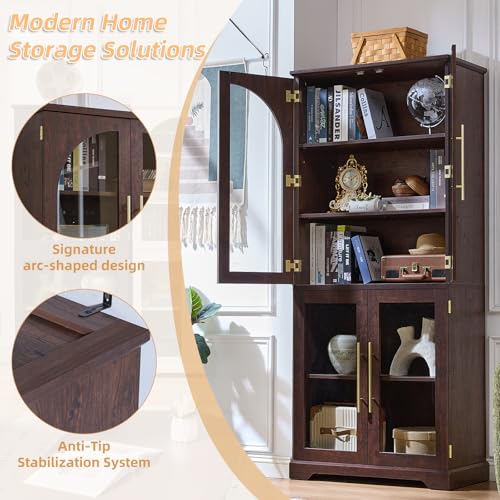72" Tall Bookcase with 4 Curved Glass Doors