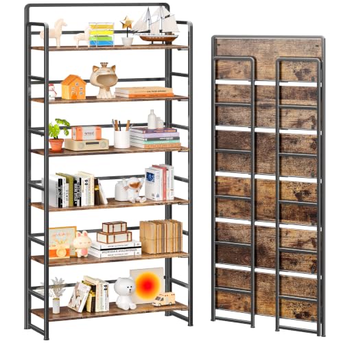 No Assembly Extra Wide 6 Tiers Folding Bookshelf Storage Shelves Vintage Bookcase Standing Racks Study Organizer Home Office