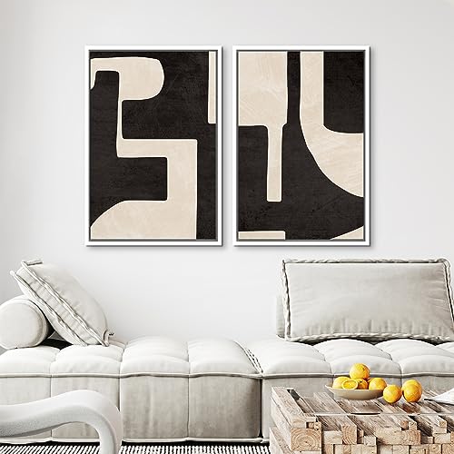Framed Canvas Print Wall Art Black & White Geometric Paint Stroke Decor Abstract Nature Illustration Modern Art Decorative Multicolor Geometric Minimal for Bedroom