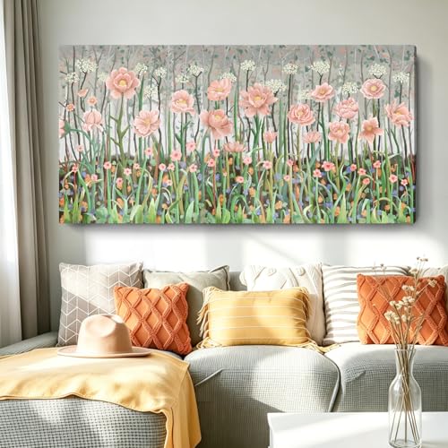 Rustic Plant Wall Art For Bedroom Pink Green Floral Print 58X29 In