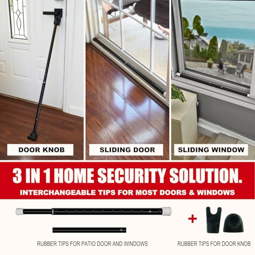 3-in-1 Door Security Bar, Security Door Stoppers & Door Barricade – Heavy Duty Adjustable Iron Security Lock Bar for Home Defense, Apartment & Travel Safety (1 Pack - Black)