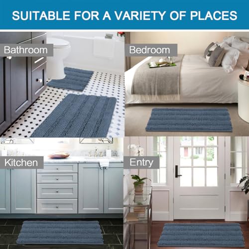 Bathroom Rug Sets 2 Piece Bath Mats Non Slip Thick Soft Chenille Striped Bath Rug achine Washable Shower Floor Rugs for Tub (7.22 Sq Ft)