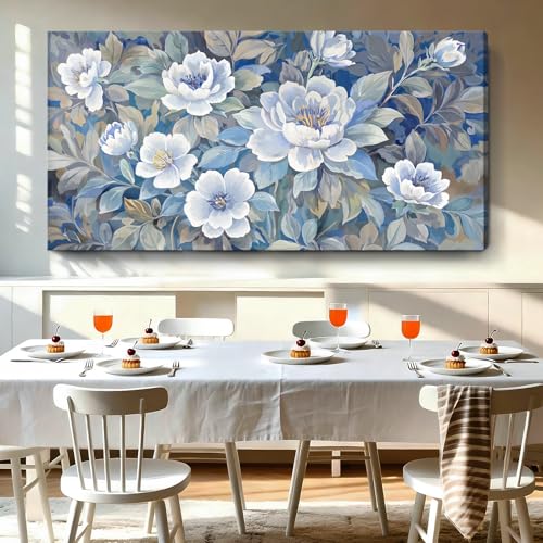 Extra Large Blue White And Gray Plant Canvas Wall Art; Modern Abstract Flower Print Picture For Living Rooms