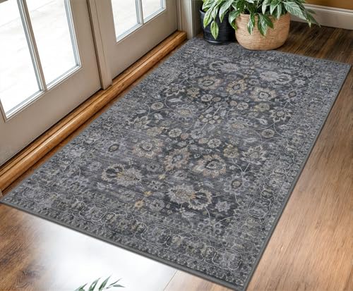 Washable Area Rug 3x5 Grey Vintage Floral