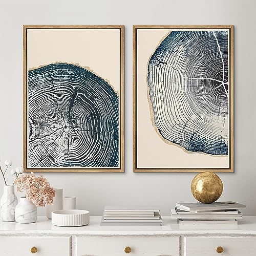 Framed Canvas Print Wall Art Navy Blue Wood Tree Ring Nature Illustration Modern Art Decorative Multicolor Geometric Minimal for Bedroom