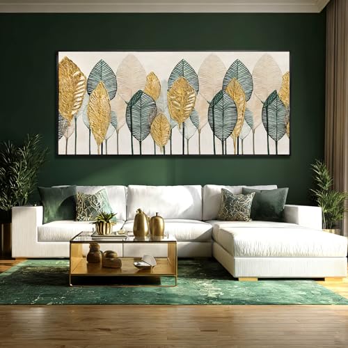 Green and Gold Wall Art Leaves Wall Decor Modern Canvas Painting 32"x70" Pictures for Dining Room Area Large Artwork for Living Room