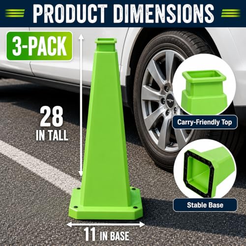 3 Pack 28" Bright Green Traffic Safety Cones with Weighted Base