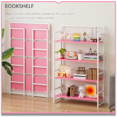 No Assembly Extra Wide 4 Tiers Folding Bookshelf Storage Shelves Vintage Bookcase Standing Racks Study Organizer Home Office