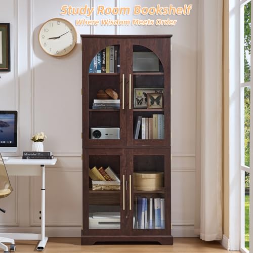 72" Tall Bookcase with 4 Curved Glass Doors