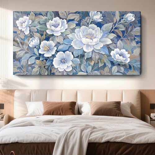 Extra Large Blue White And Gray Plant Canvas Wall Art; Modern Abstract Flower Print Picture For Living Rooms