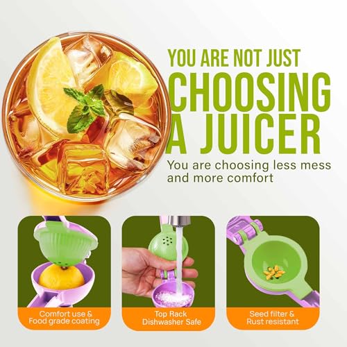 Metal 2-in-1 Lemon Squeezer - Sturdy Max Extraction Hand Juicer Lemon Squeezer Gets Every Last Drop - Easy to Clean Manual Citrus Juicer - Easy-Use Lemon Juicer Squeezer - Purple/Lime