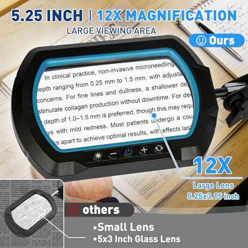 12X Square Ultra Long Magnifying Glass with Light and Clamp (100 Count)