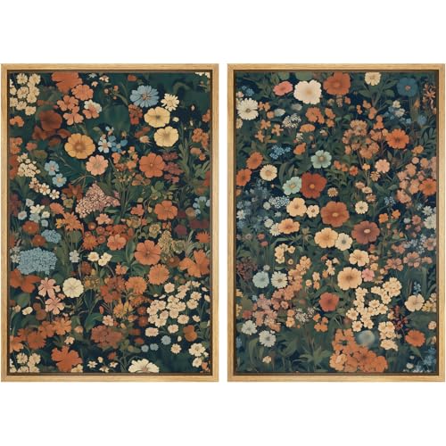 Framed Canvas Print Wall Art Vintage Floral Botanical Colorful Wildflowers Illustrations Modern Art Decorative Bohemian Colorful for Living Room