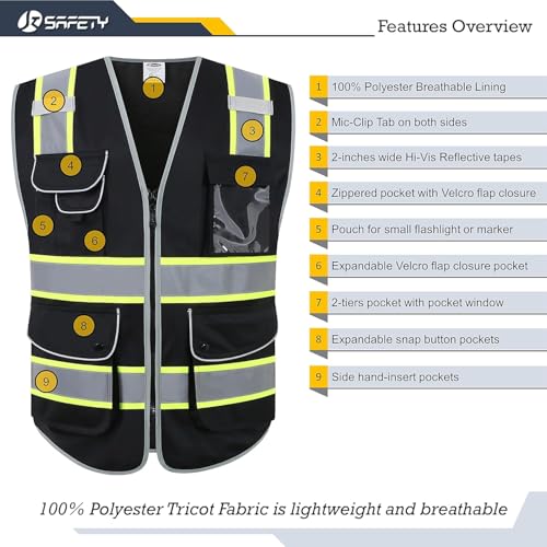Safety Vest for Men Women Reflective Hi Vis JK901 Black S